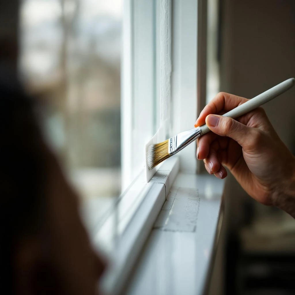Handwerker setzt Fensterrahmen aus Holz ein