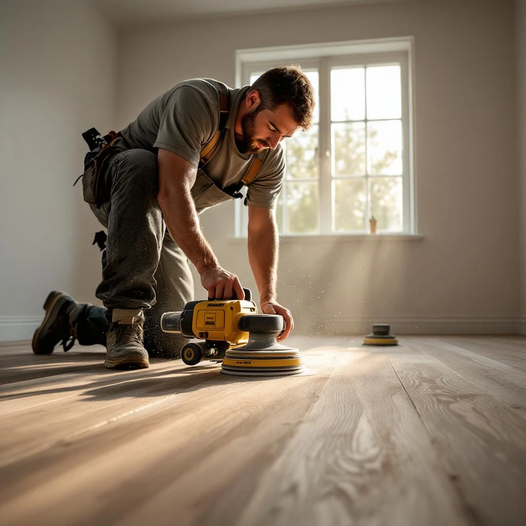 Handwerker schleift Dielenboden