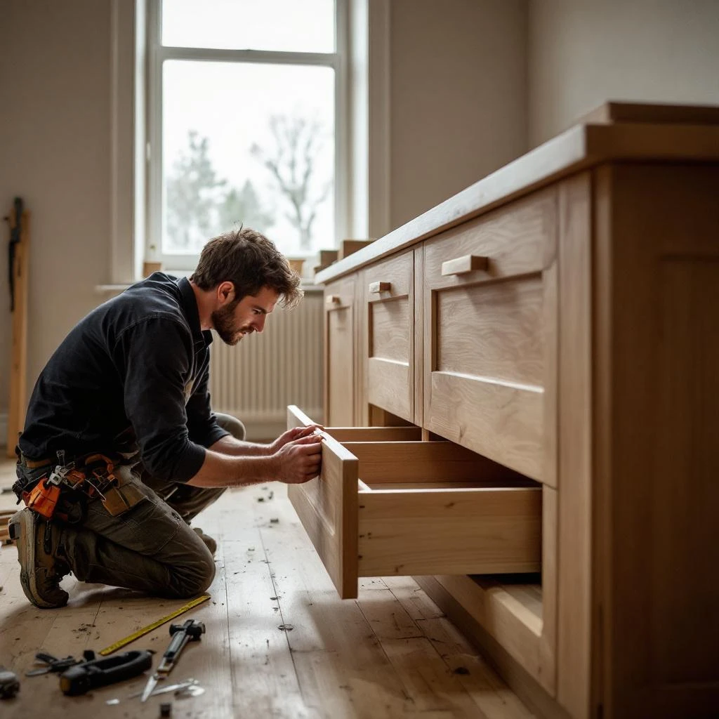 Handwerker schleift Treppenstufen aus Massivholz